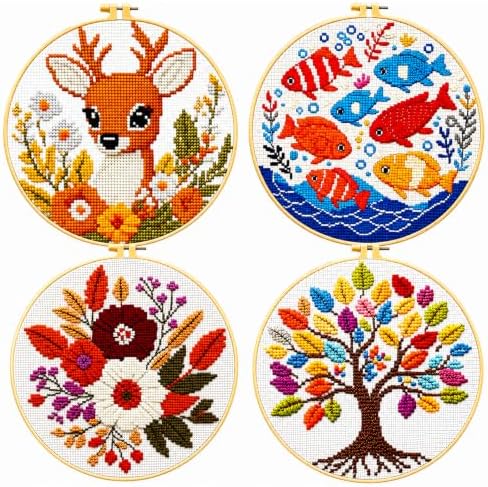 Zhenqing 4 Pack Nature Stamped Cross Stitch Kit for Adults and