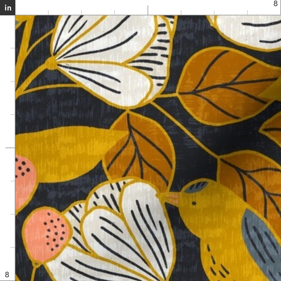 Spoonflower Fabric Dark Floral Mustard Gold on Essex Linen