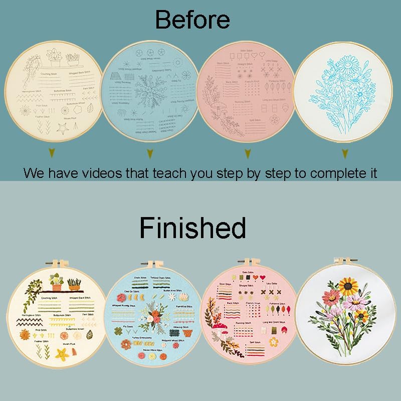Sutesloly Hand Embroidery Kit for Beginners, 4 Sets Learn to Floral