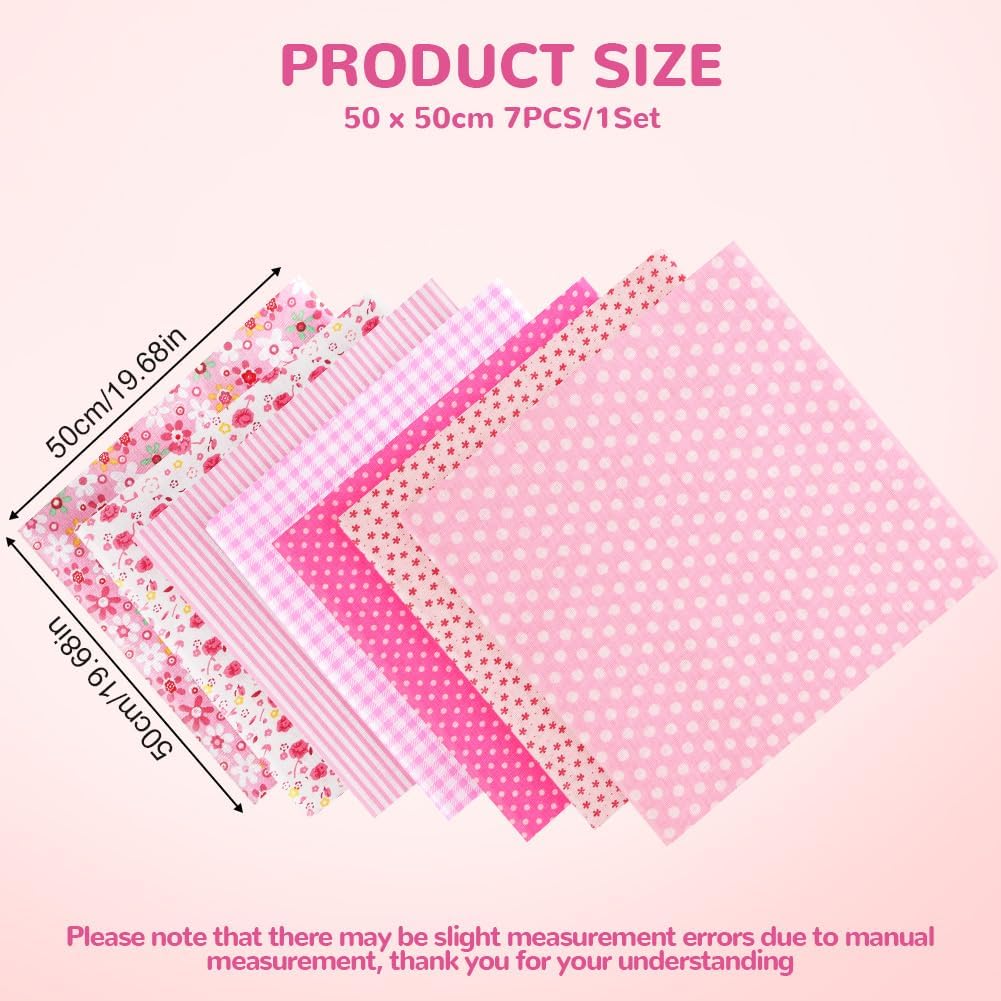 Ainiv 7pcs 100% Cotton Quilting Fabric Bundles, 19.68"x19.68", Pink