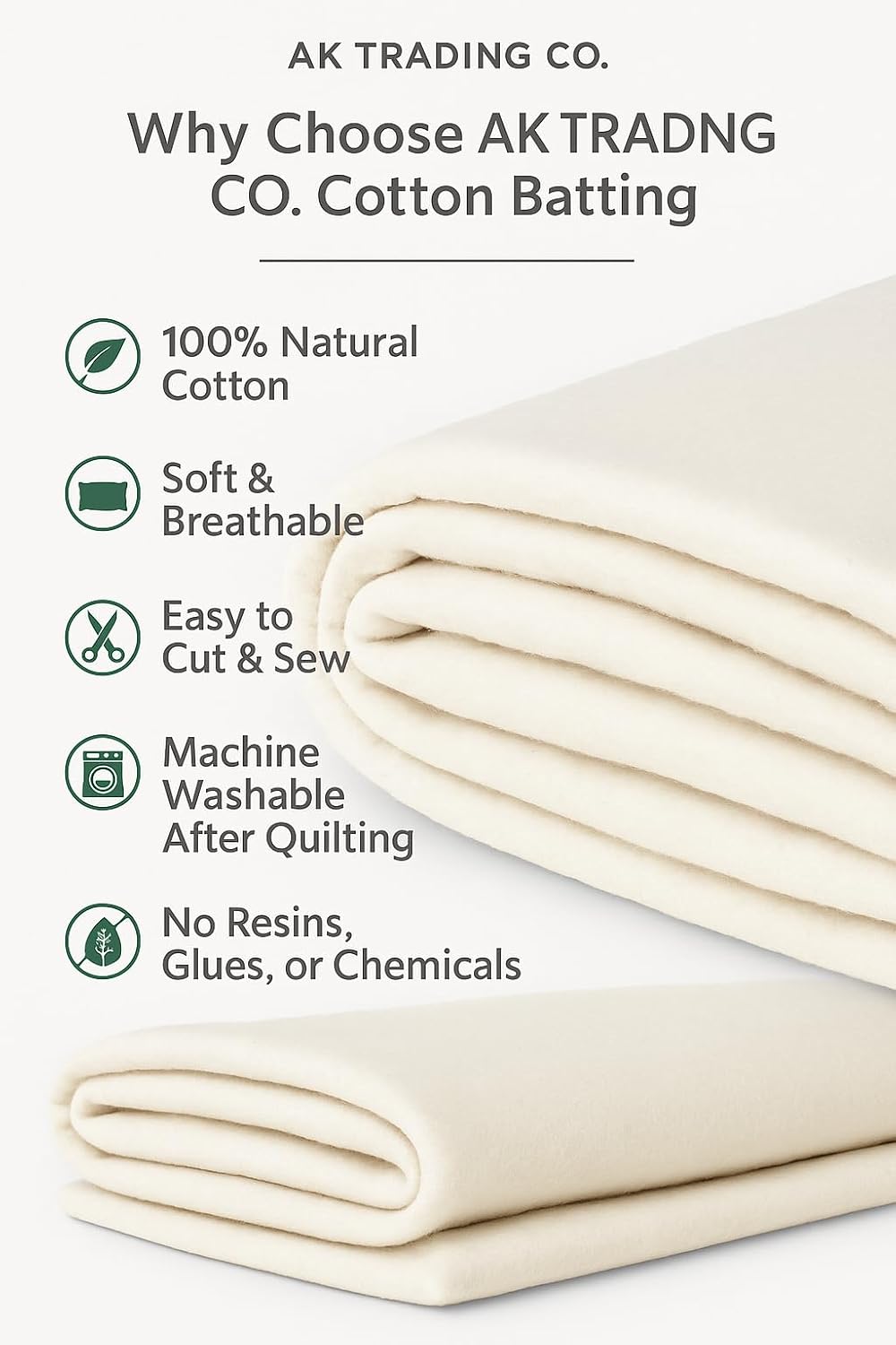 AK TRADING CO. 100% Natural Cotton Batting – 60" x 60" – Soft