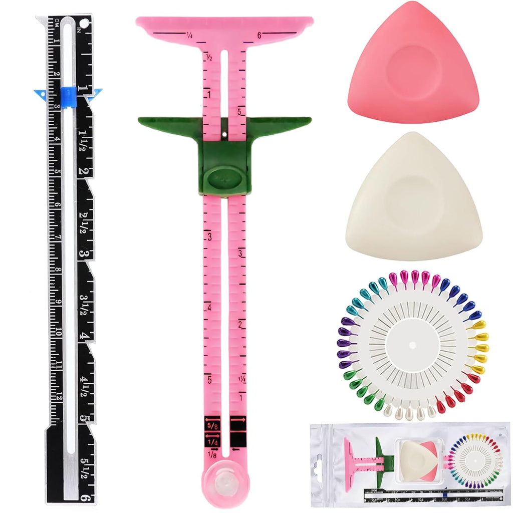 5 Piece Sewing Gauge Set, 5-in-1 Sliding Ruler & Seam Gauge, Pink