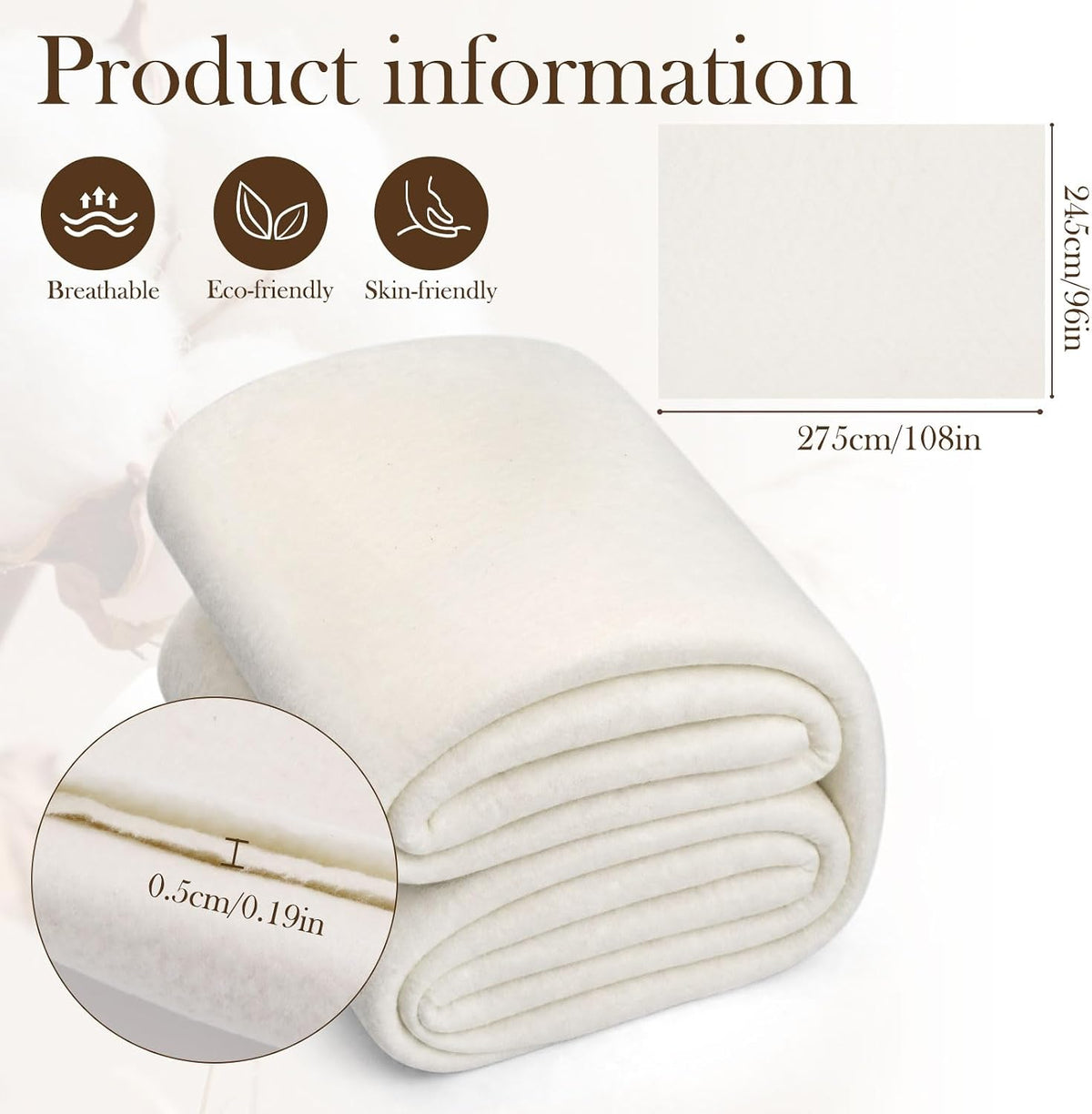 FTEVEN Natural Cotton Batting for Quilting 96" x 108" Warm Quilt
