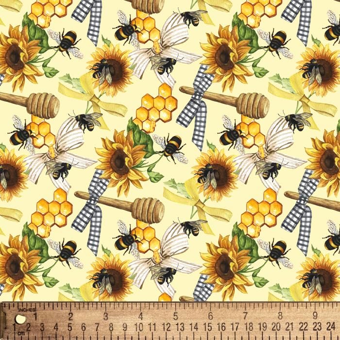 Bees Honey Sunflowers 100% Cotton Fabric By the Yard