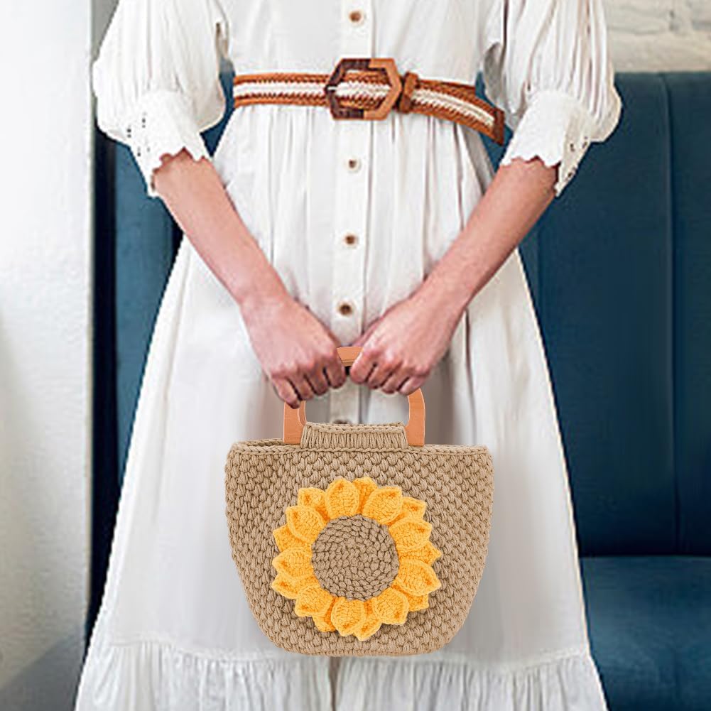 FREEBLOSS Crochet Sunflower Bag Set Wood Handle Sunflower Bag Crochet