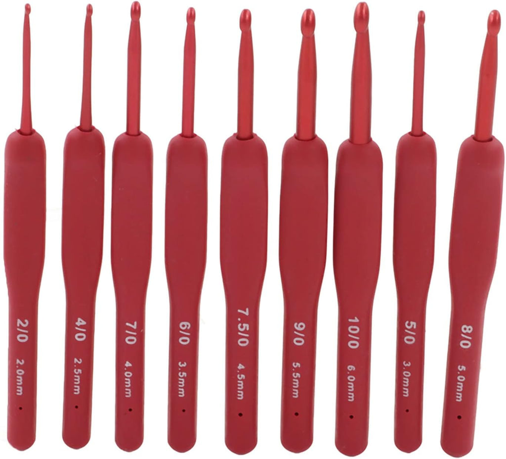 Omabeta Crochet Hooks Set 9pcs Red Ergonomic Silicone Grip Needles for