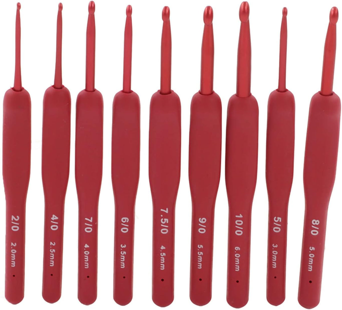 Omabeta Crochet Hooks Set 9pcs Red Ergonomic Silicone Grip Needles for