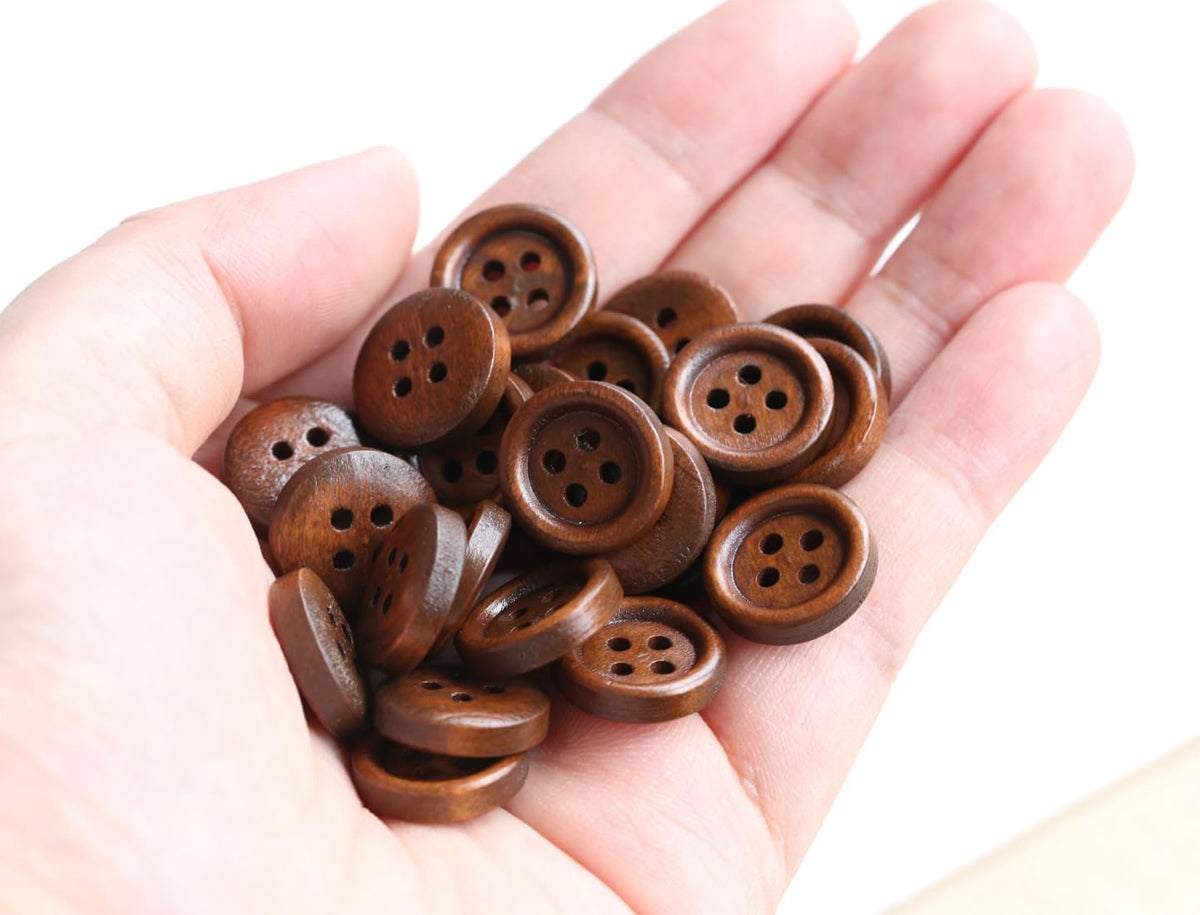 200PCS 5/8 Inch (15mm) Brown Color Wooden Buttons DIY Crafts Button