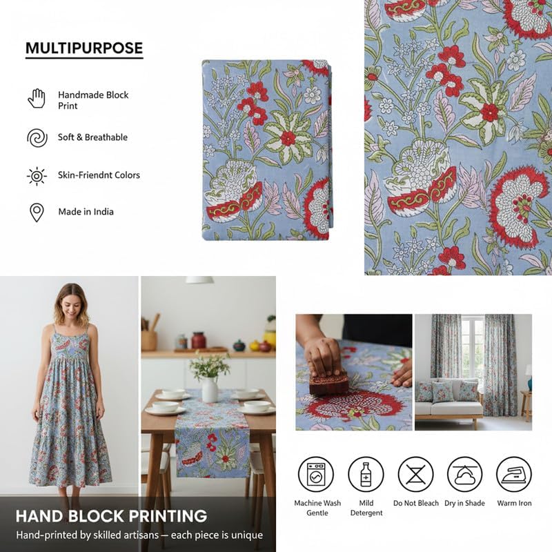 Handmade Block Print Cotton Fabric Bolt - Continuous Cut for Apparel