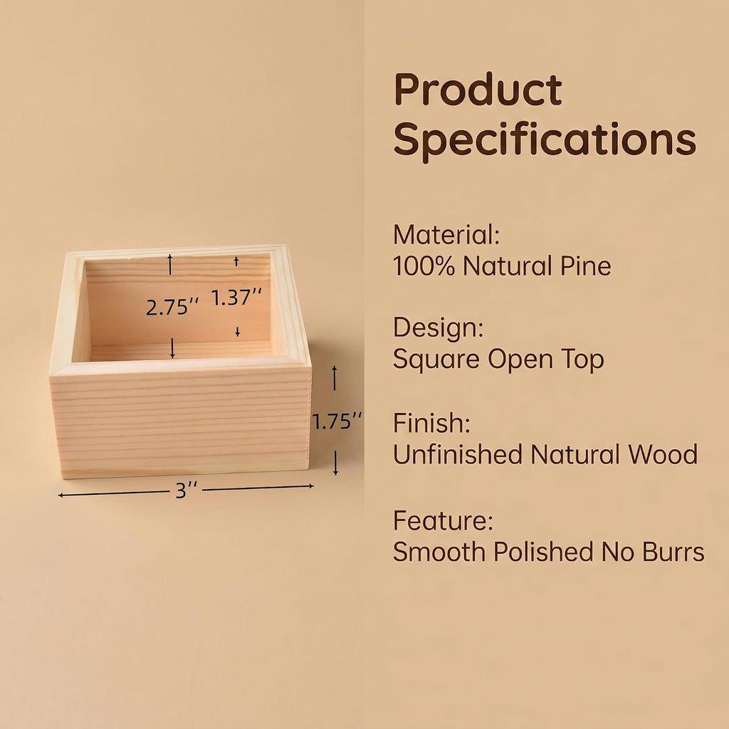 4 Pack Square Unfinished Pine Wood Storage Boxes, Natural Wooden