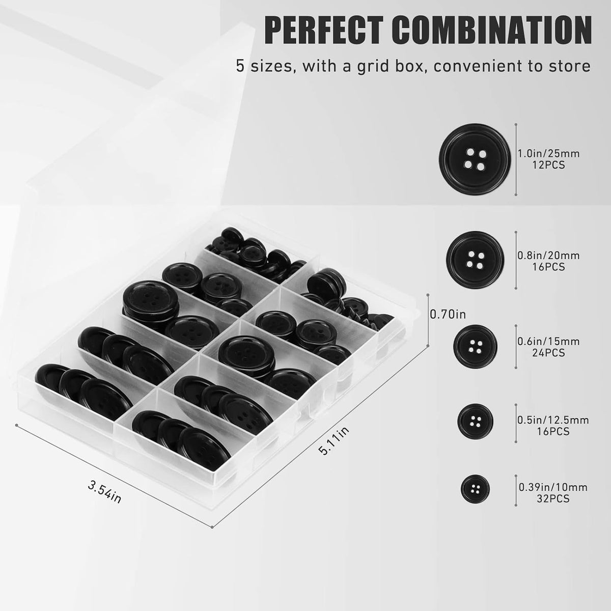 100 Pcs Premium Black Round Resin 4-Hole Sewing Buttons, 5 Sizes
