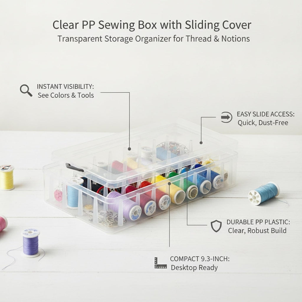 Clear PP Sewing Box with Sliding Cover, Transparent Storage Organizer