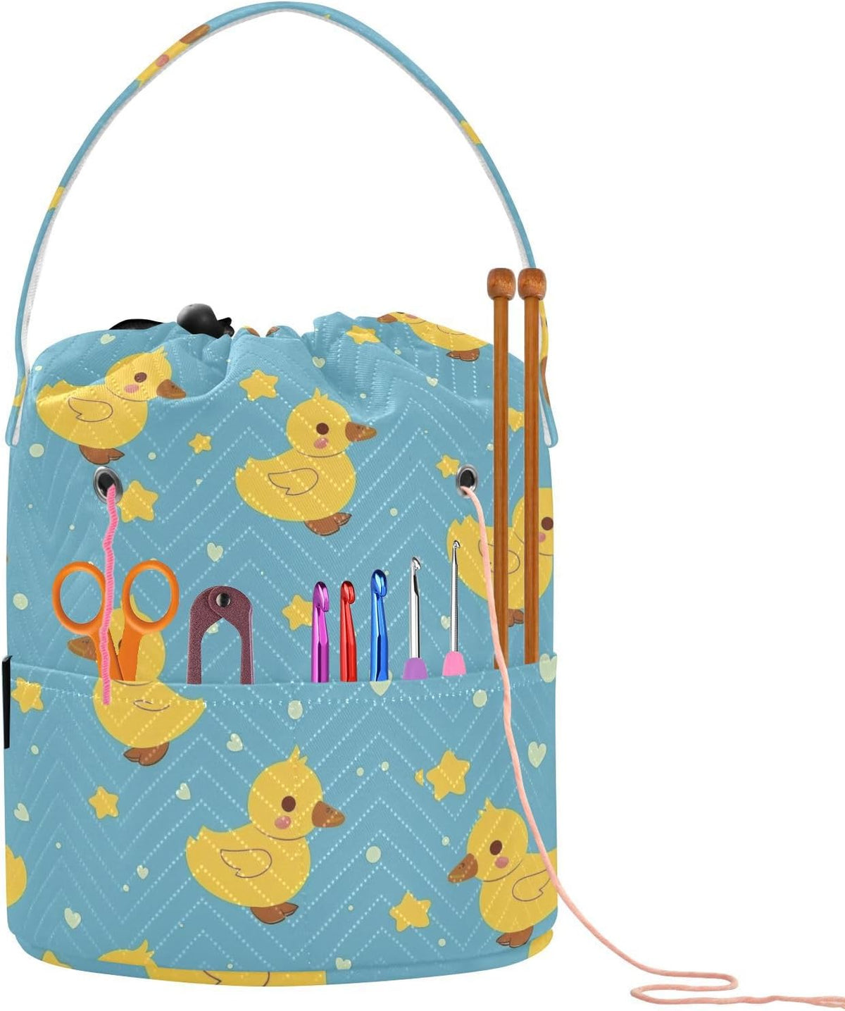 Fustylead Cute Yellow Duck and Hearts Stars Knitting Yarn Storage Tote