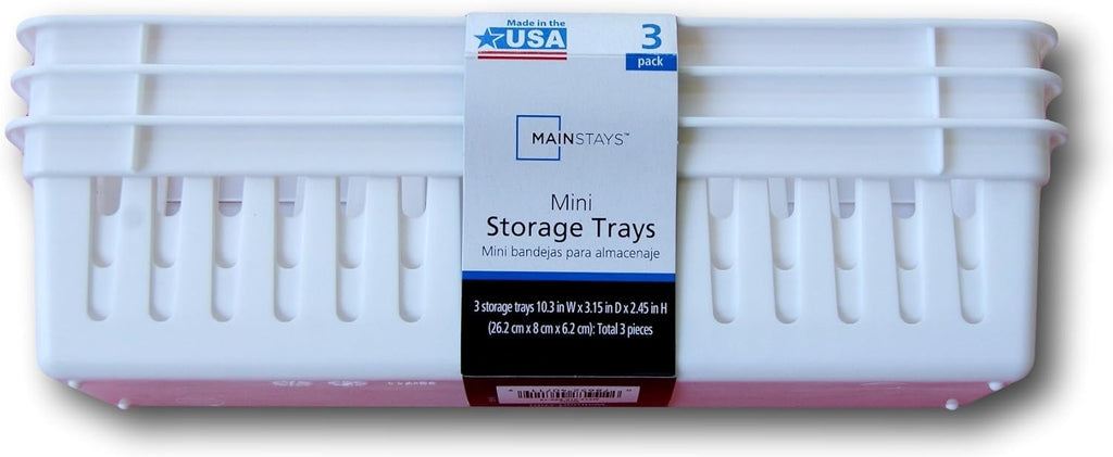 Slim Plastic Storage Trays Baskets in White- Set of 3