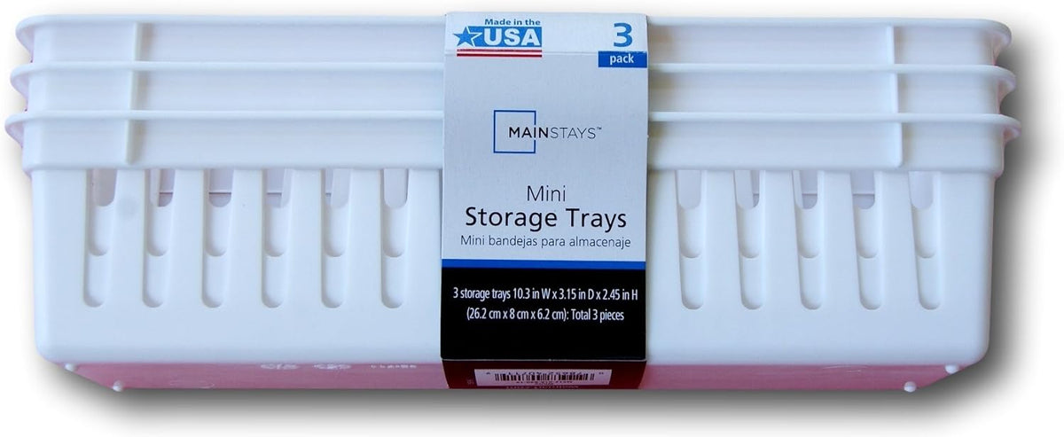 Slim Plastic Storage Trays Baskets in White- Set of 3