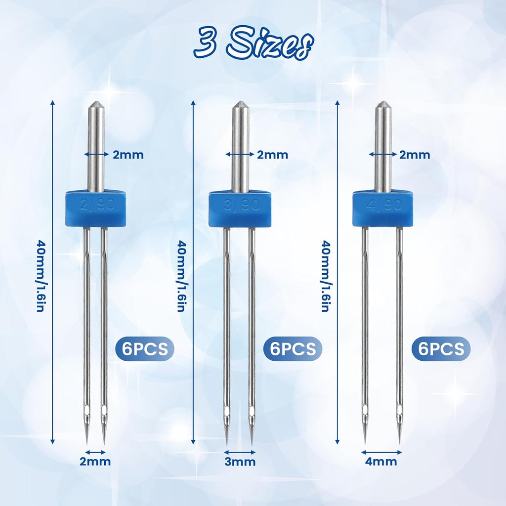 18 Pcs Twin Needles 1 Pcs Needle Threader and 4 Pcs Groove Presser