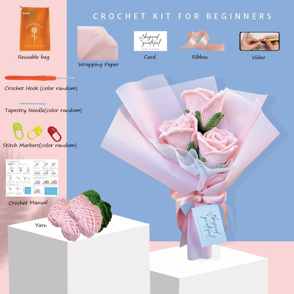 Gochvan Crochet Kit for Adults Beginners Crochet Rose Bouquet Set with