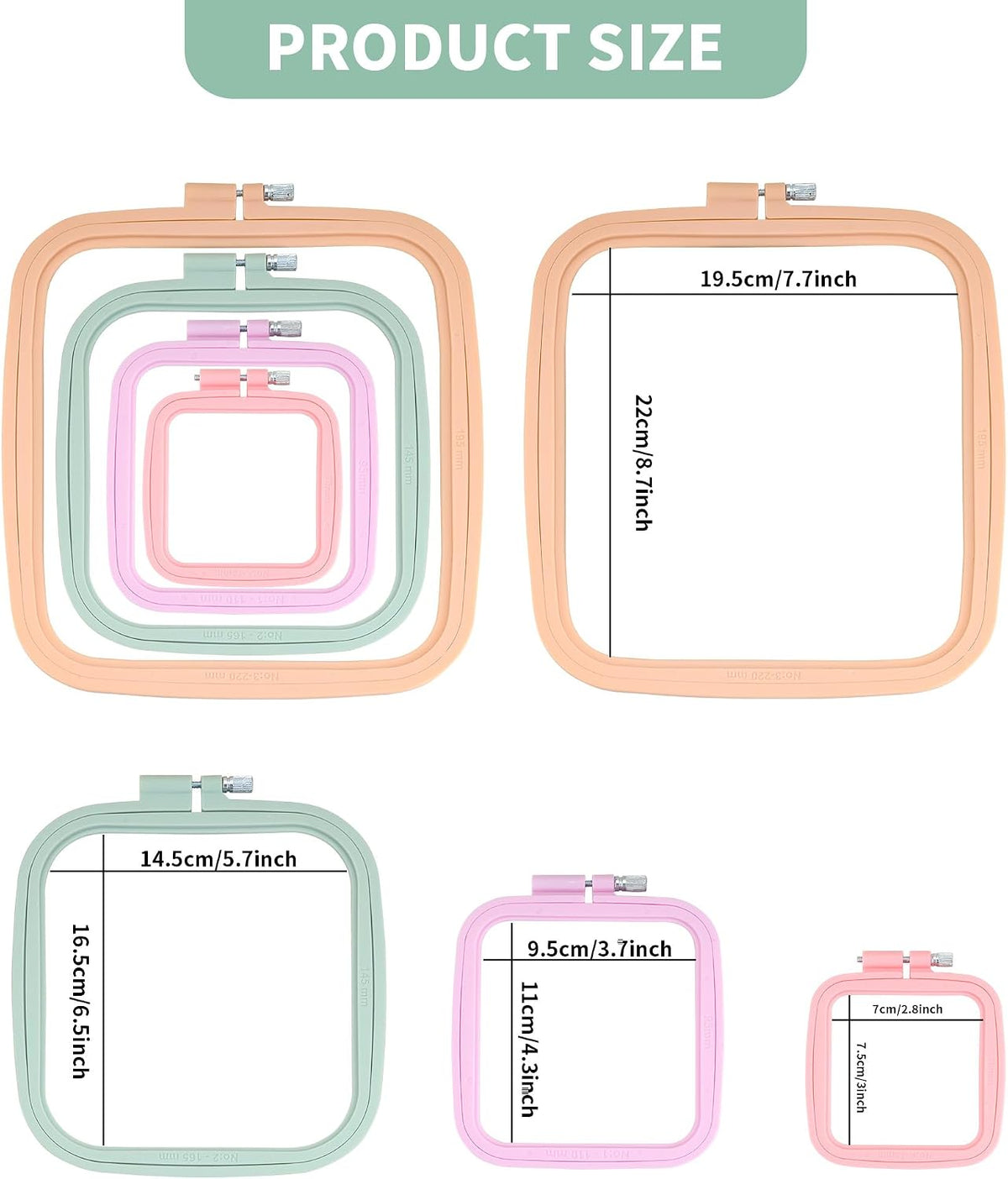 FARQAN Square Embroidery Hoops; 4PCS - 3", 4.3", 6.5", 8.7"