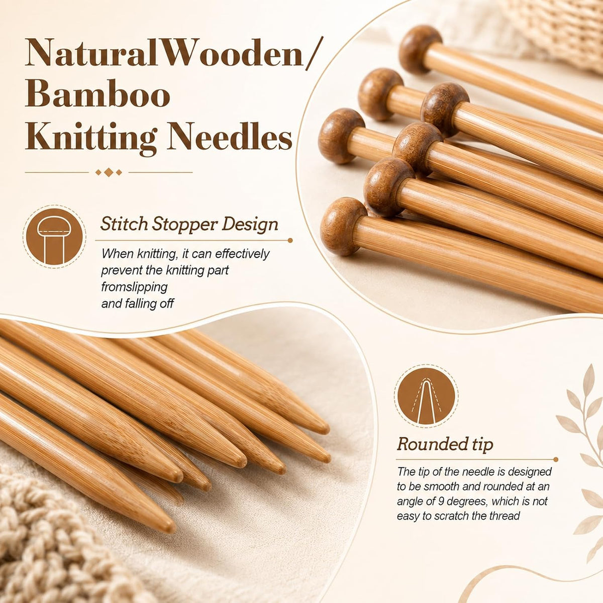 7 Pairs Bamboo Knitting Needles Set, Bamboo Natural Single Point