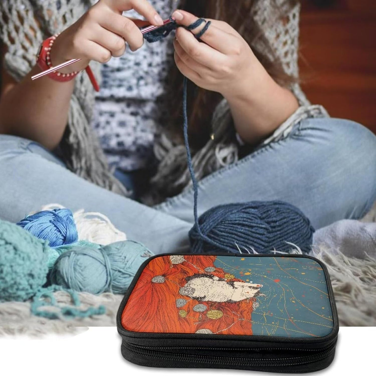 Uorisanigo Crochet Hook Holder Case Cat and Yarn Knitting Needle Cases