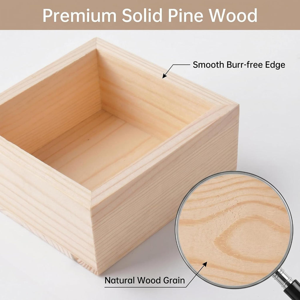 4 Pack Square Unfinished Pine Wood Storage Boxes, Natural Wooden