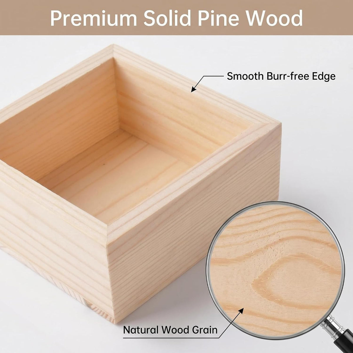 4 Pack Square Unfinished Pine Wood Storage Boxes, Natural Wooden