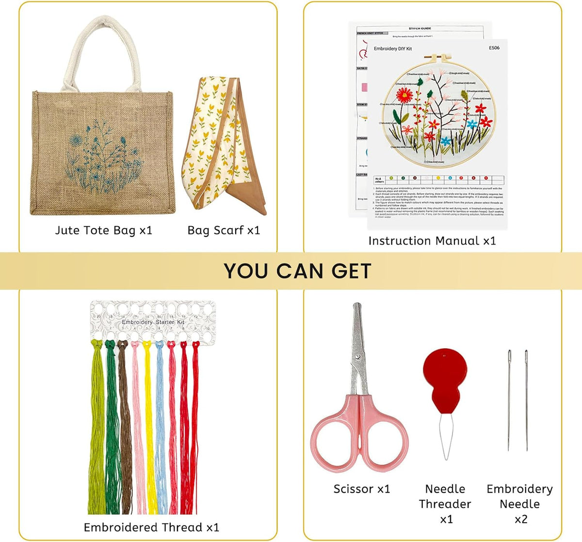 SNAIL GARDEN Linen Tote Bag DIY Embroidery Kit for Beginners with