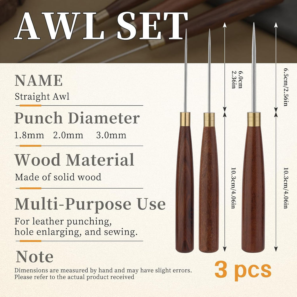 Diudus 3 Sizes Sewing Awl Tool, Leather Sewing Awl with Wooden Handle