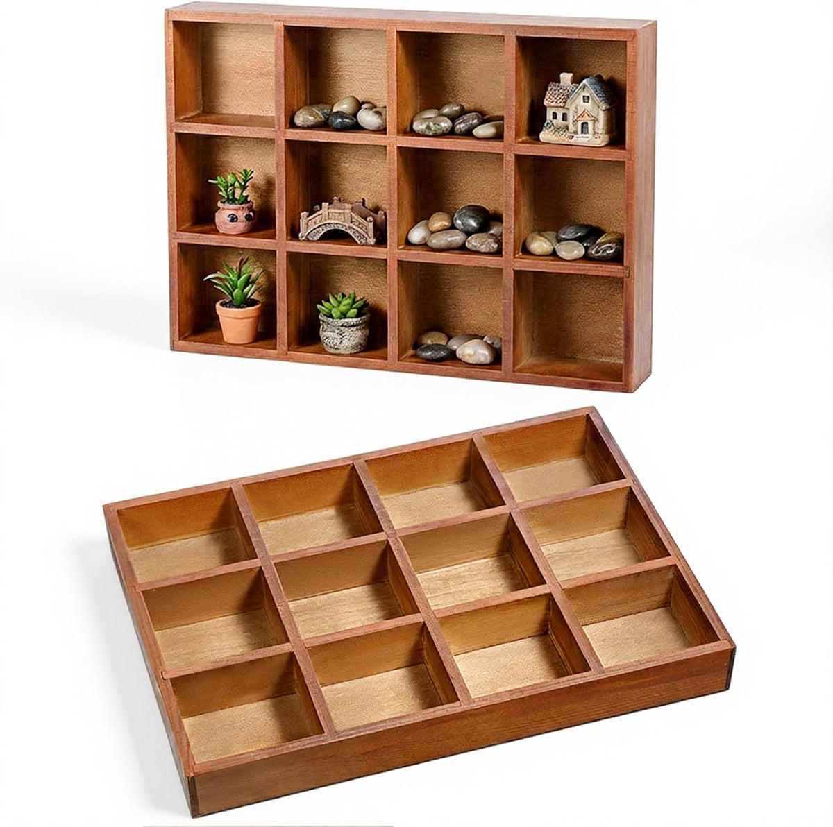 2 Pack Wooden Storage Divider Box Wood Divided Organizer, Divided