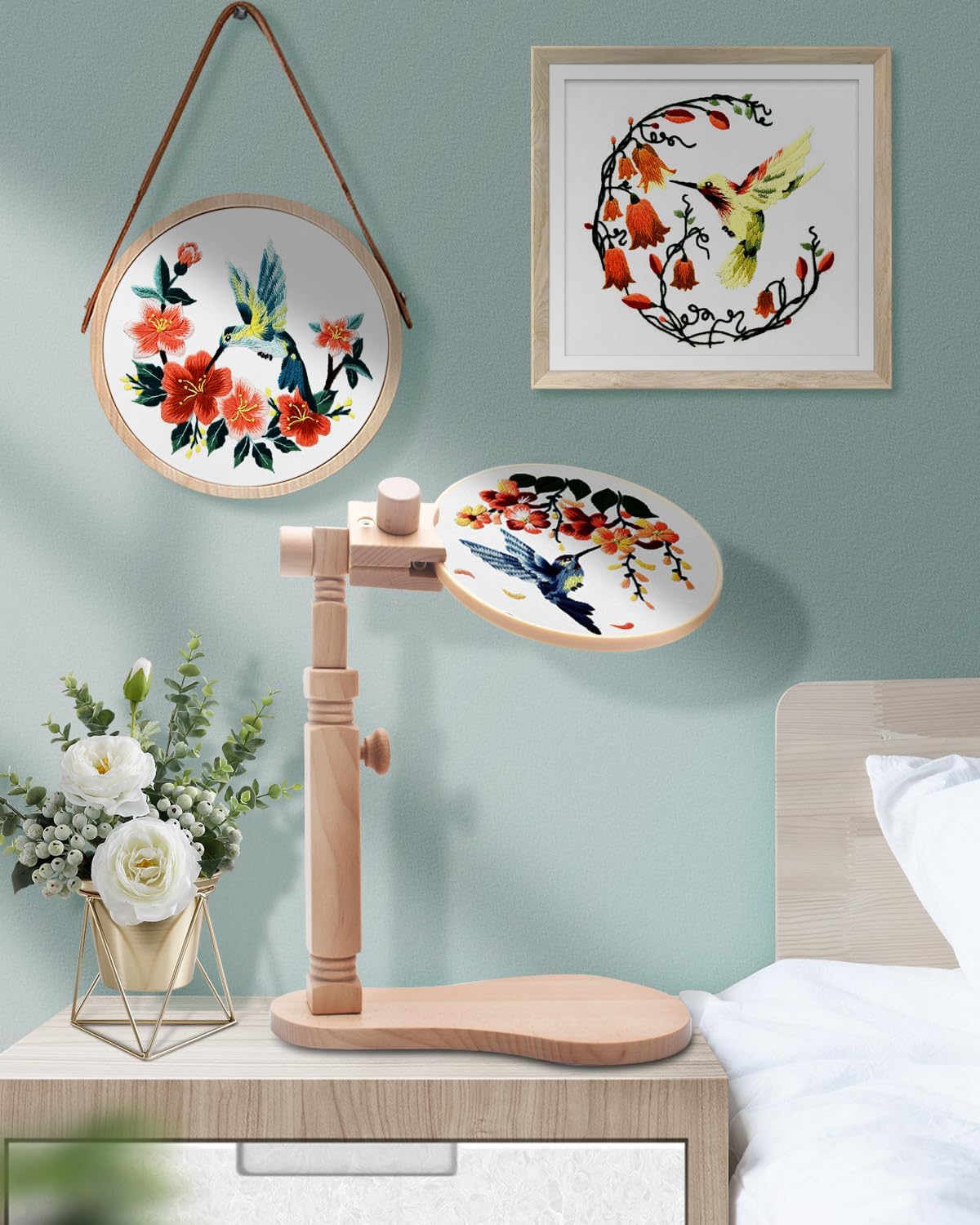 TINDTOP Beech Wood Embroidery Hoop Stand, with Hummingbird Embroidery