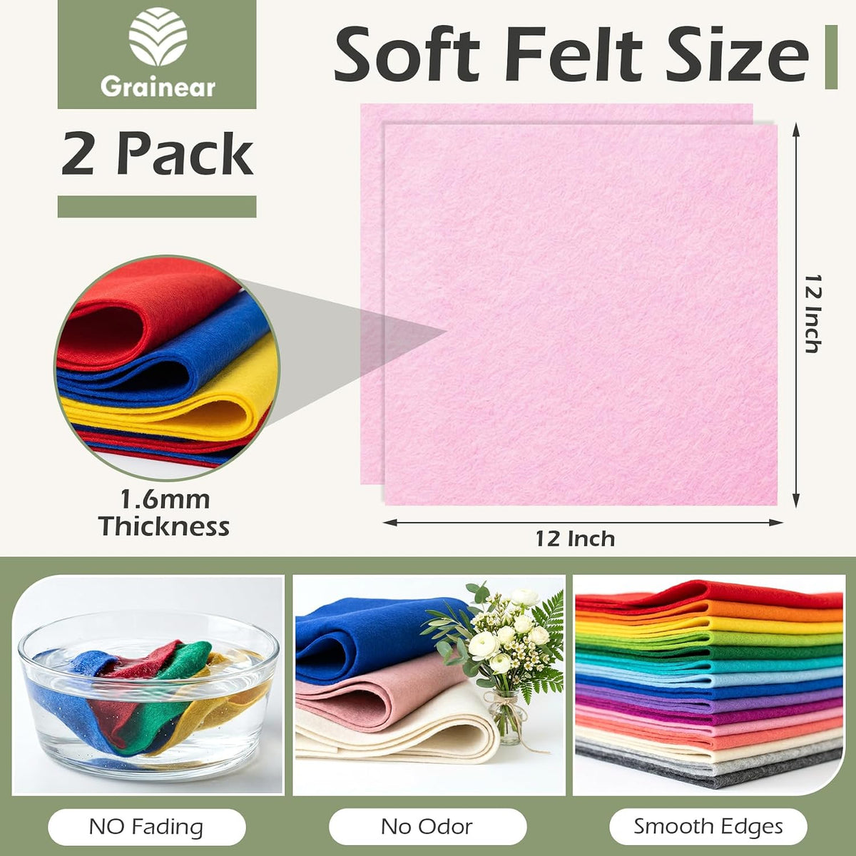 Baby Pink Soft Felt Sheets for Crafts, 12" x 12", 1.6mm Thick, 2 Pcs