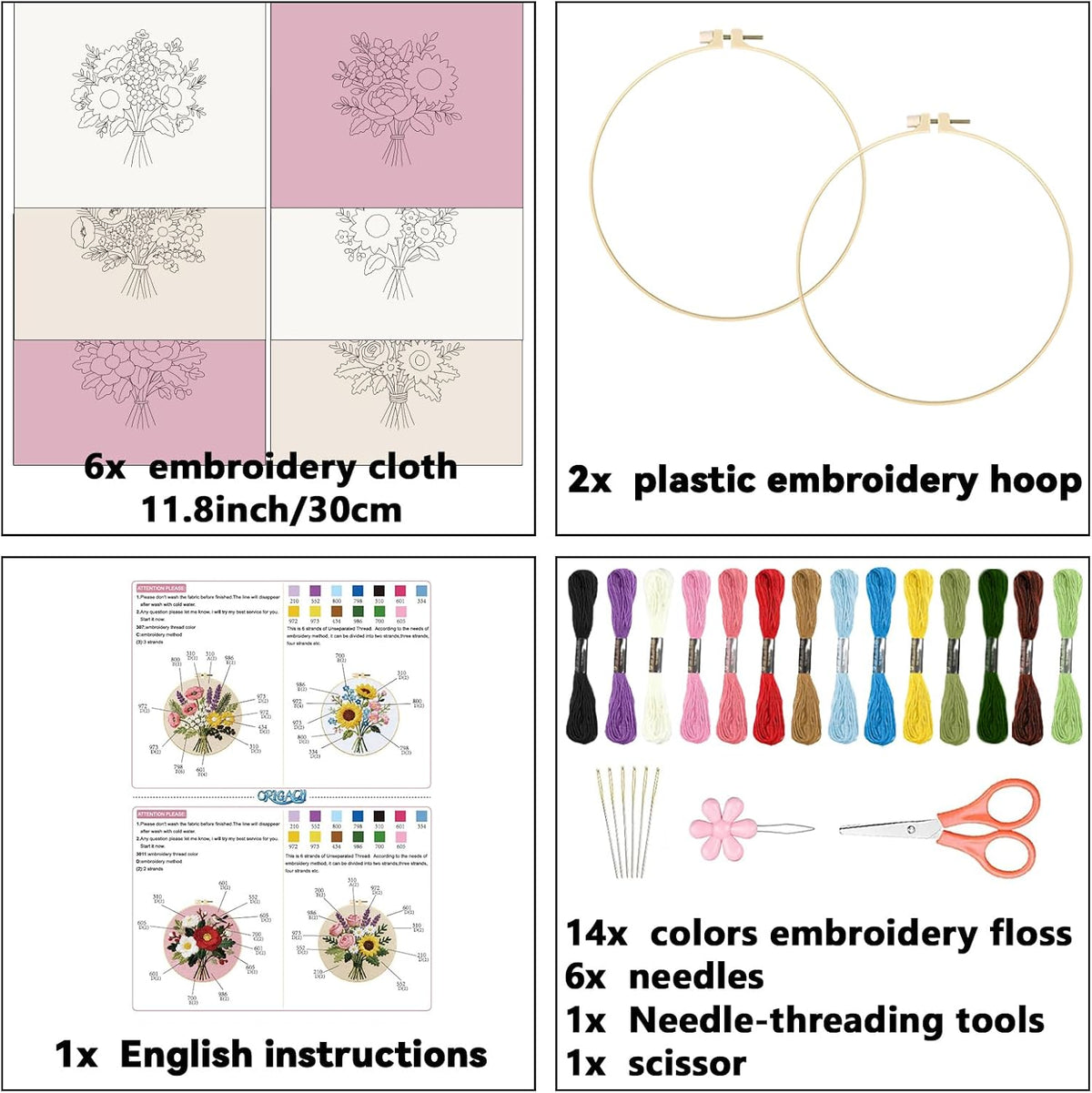 ORIGACH 6 Pack Flower Bouquet Embroidery Kit for Beginner