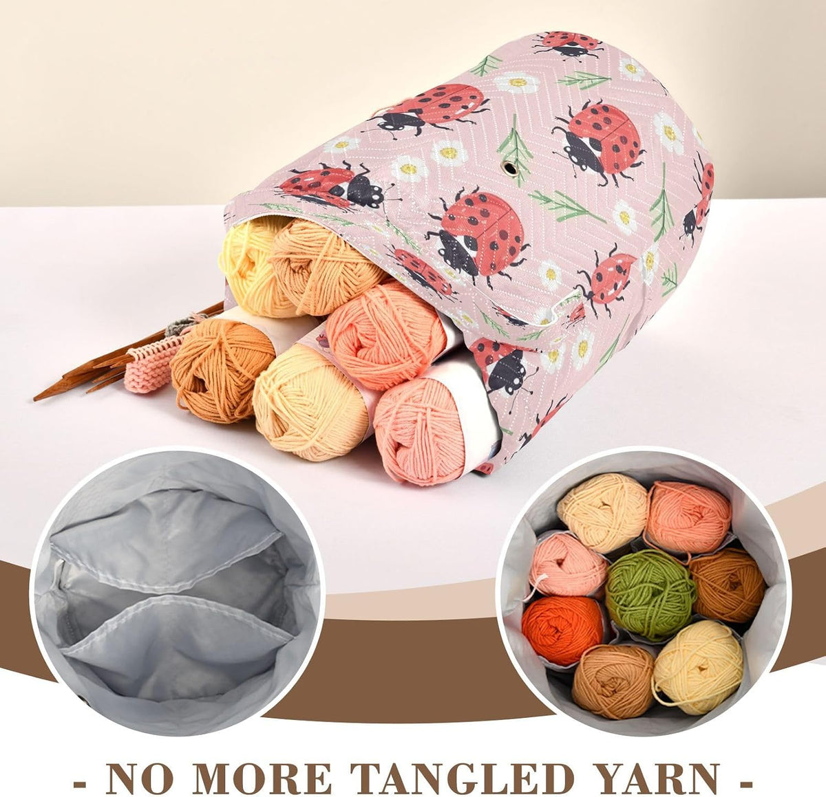 YETTASBIN Ladybugs Yarn Storage Bag, Large Crochet Knitting Bag