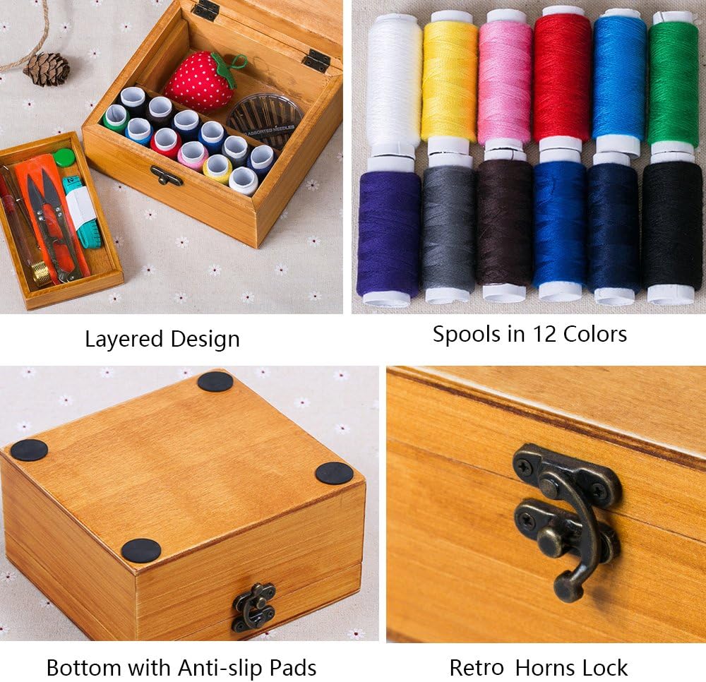 Flytreal Sewing Kit Small Box Basket, Wooden Hand Home Sewing Repair