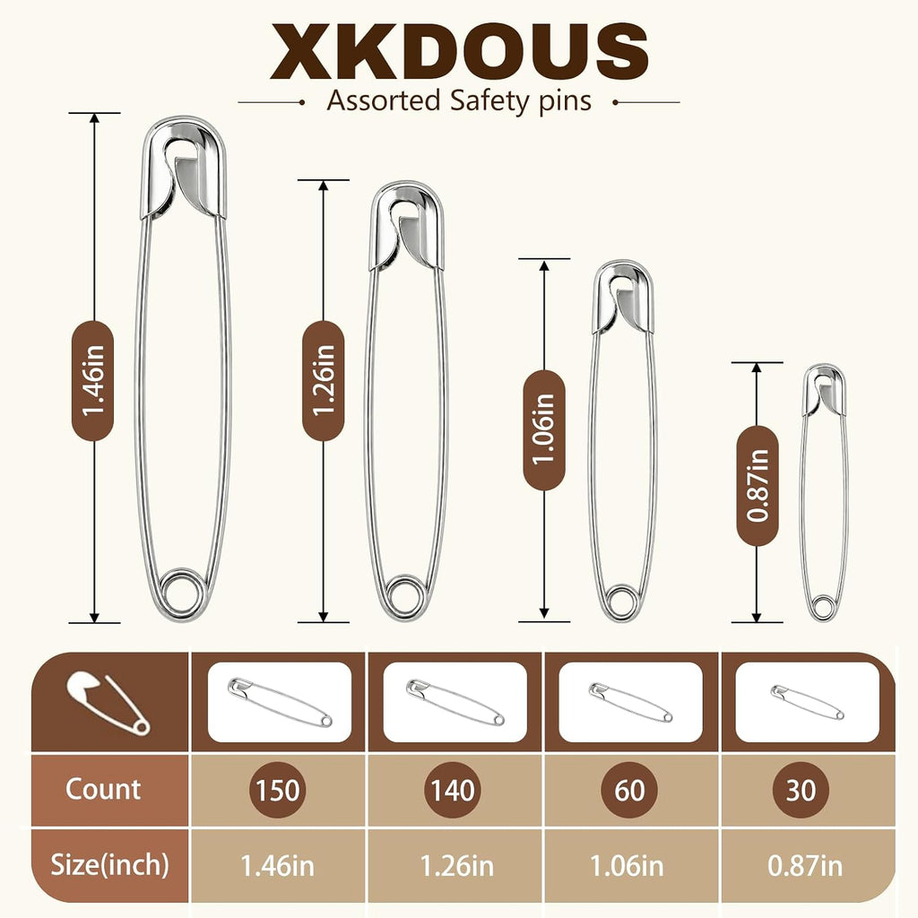 XKDOUS 380 Pack Safety Pins Assorted Sizes, Heavy Duty Pins for