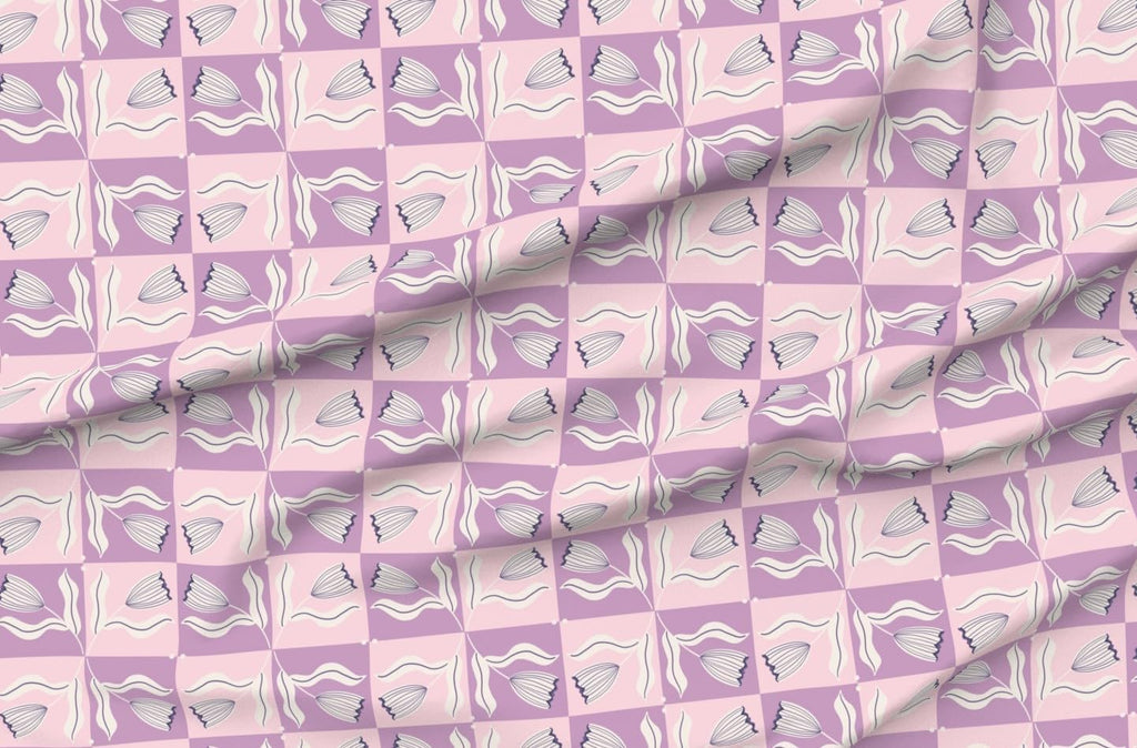 Spoonflower Fabric Modern Floral Check Pink on Essex Linen