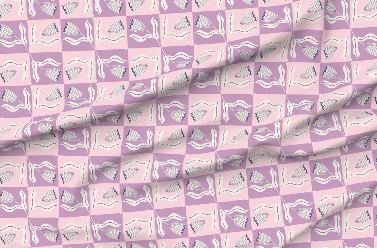 Spoonflower Fabric Modern Floral Check Pink on Essex Linen