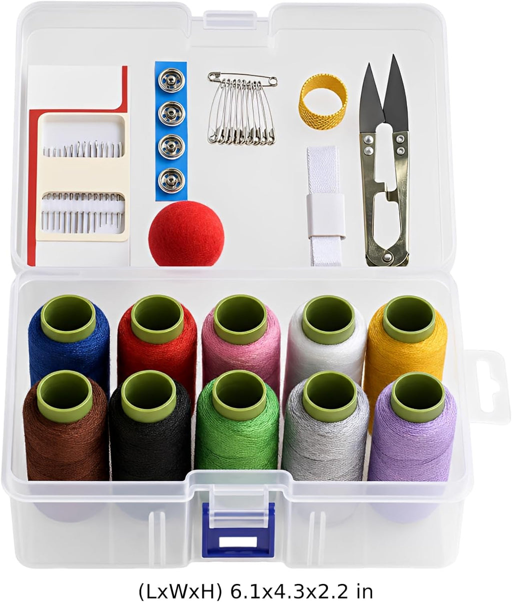 Sacolin Sewing Kit with 10 Colors Polyester Thread, Transparent Box