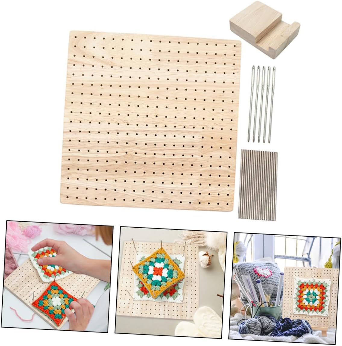 Square Crochet Blocking Board for Craft Lovers, Wooden Khaki Set
