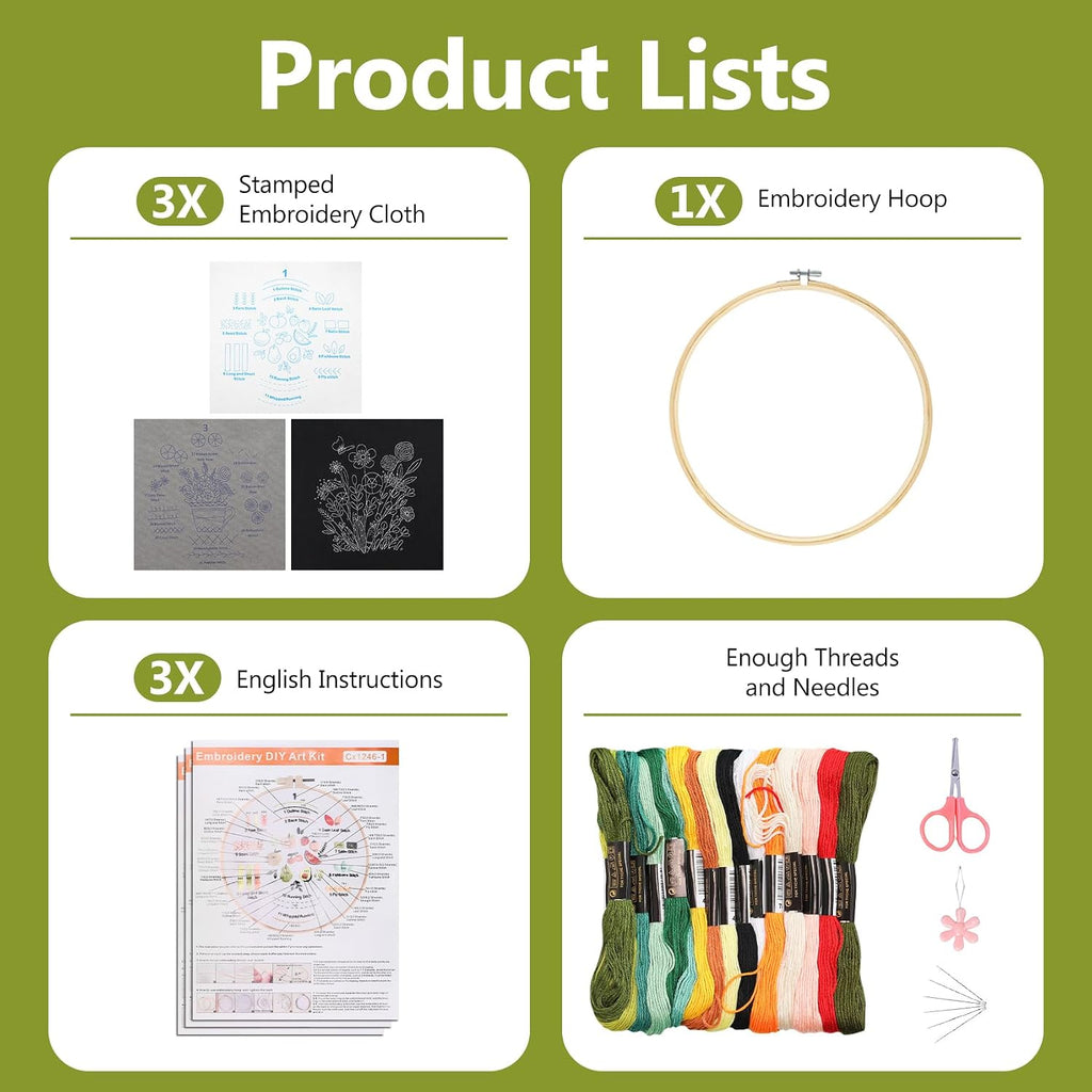 Santune 3 Pack Beginner Embroidery Kits for Adults DIY Starter Kit