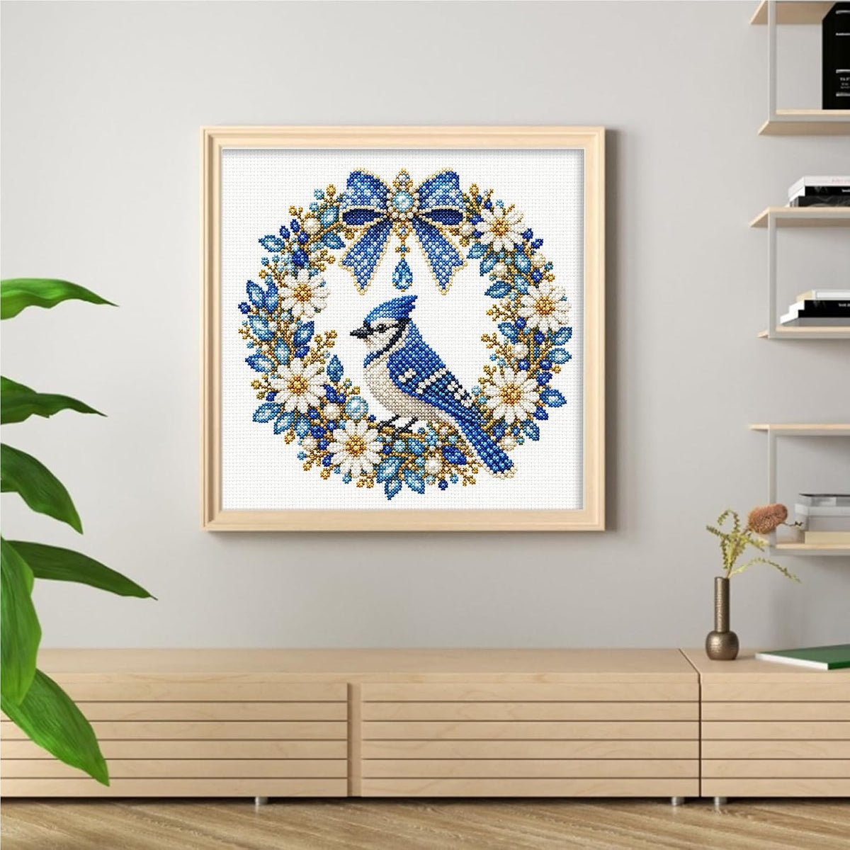 Stamped Cross Stitch Kit for Adults Bird Floral Bow 11CT (Blue Jay)