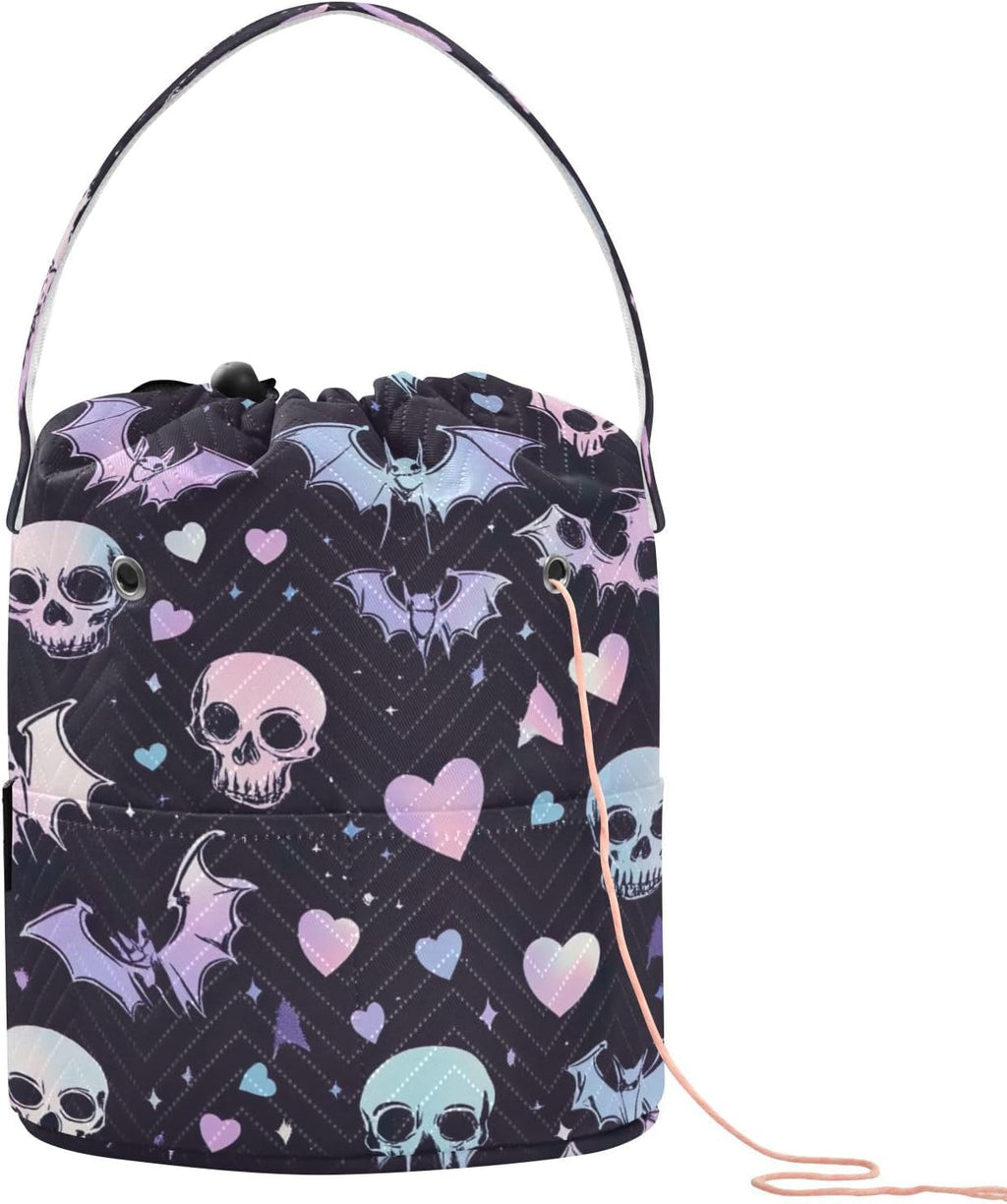 YETTASBIN Halloween Bat Skull Yarn Storage Bag, Large Crochet Knitting