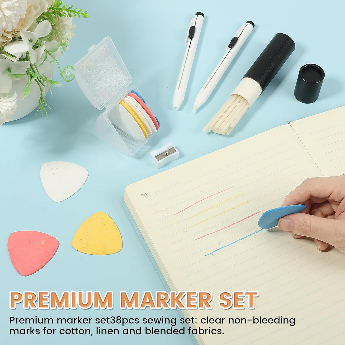 38 Piece Tailors Chalk & Fabric Pencil Set, Refillable Mechanical