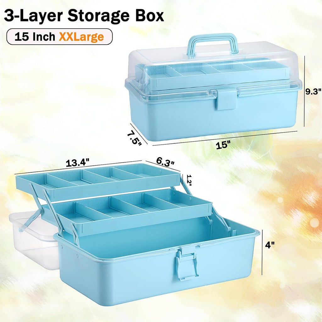 Tackle Box, 15-Inch Extra Large Art Storage Box with 3-Layer Folding