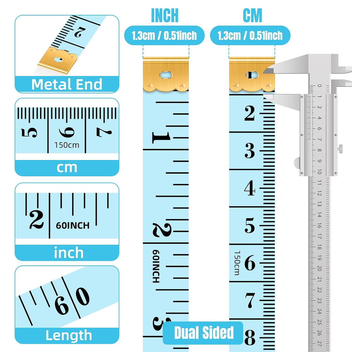 12 Pack Soft Tape Measure for Sewing, 6 Colors (2 Each) 60"/150cm Dual