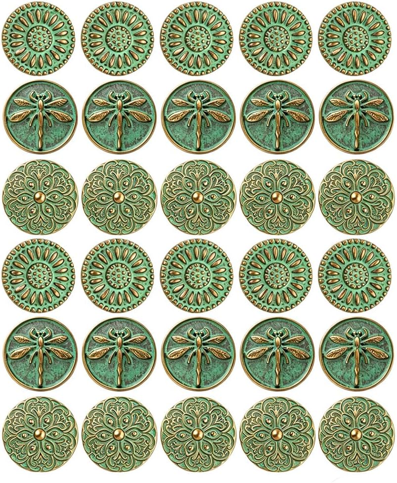 30Pcs Vintage‐Finish Metal Buttons,17.5mm Green Patina Floral‐Engraved