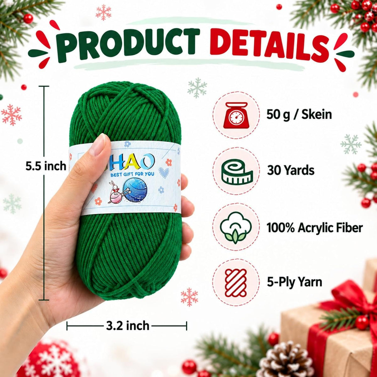 LIHAO Christmas Yarn for Crochet and Knitting, 6 Skeins, Red, Green