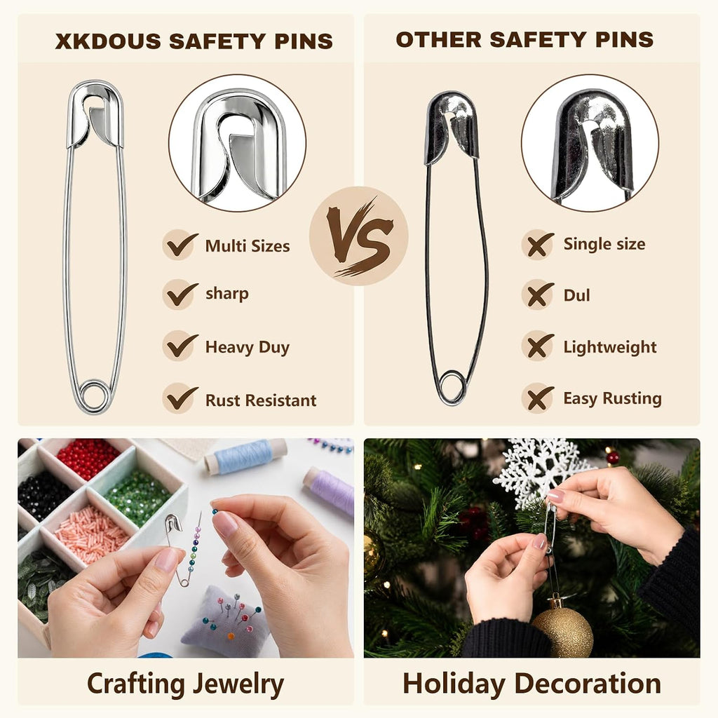 XKDOUS 380 Pack Safety Pins Assorted Sizes, Heavy Duty Pins for