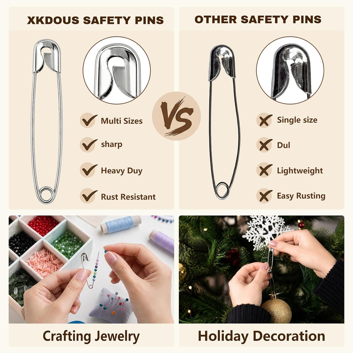 XKDOUS 380 Pack Safety Pins Assorted Sizes, Heavy Duty Pins for