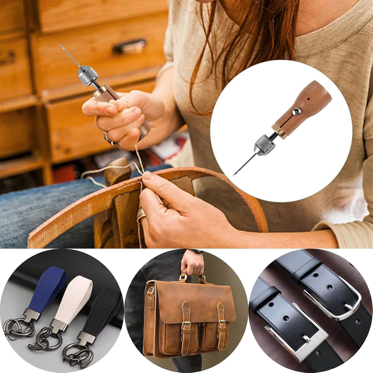 23PCS Sewing Awl Kit, Portable Leather Sewing Awl Thread Kit Leather